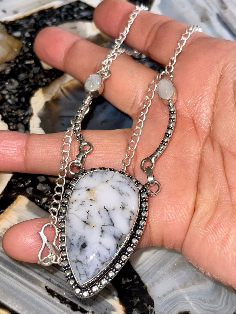 Fern-Like Dendritic Agate & Rainbow Moonstone Necklace